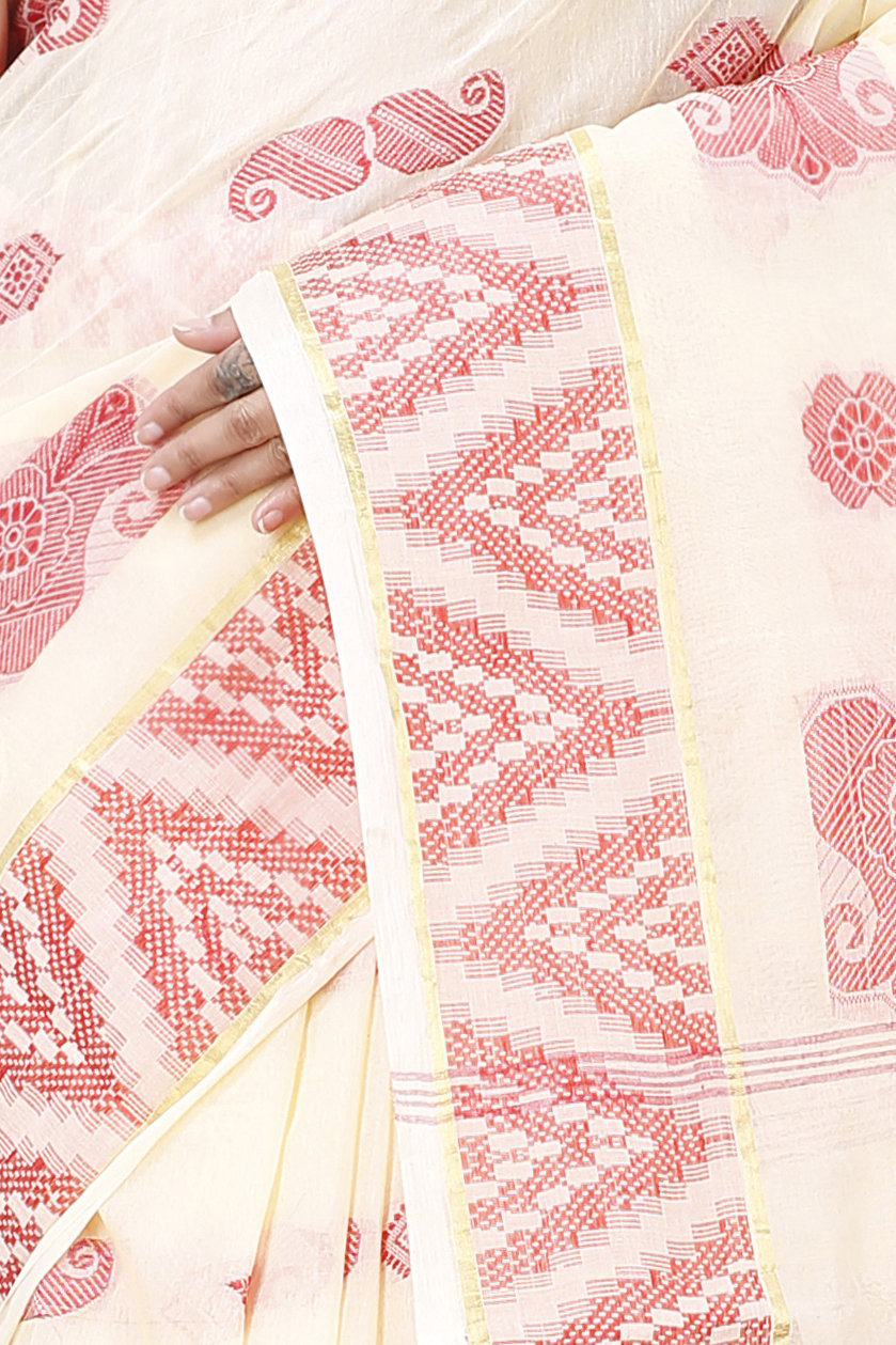 White Red Pure Cotton Gargi Tant Saree (914)